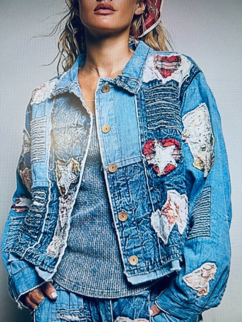 POL Star Heart Multicolor Mixed Patchwork Panel Relaxed Denim Jacket NWT - Picture 7 of 16